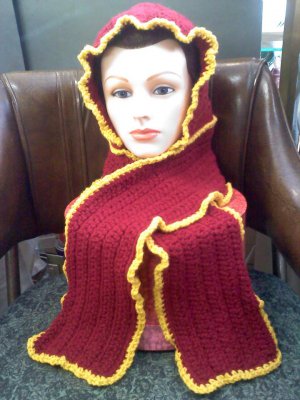 Hand Crocheted hat/hood scarf - burgundy and gold in medium