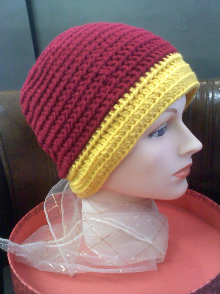 Crocheted hat dark red/gold - wear to hike, ski, snowboard, hunt, ice ...