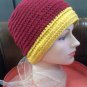 Crocheted hat dark red/gold - wear to hike, ski, snowboard, hunt, ice fish, walk