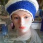 Hand Crocheted hat - white beret with a blue band