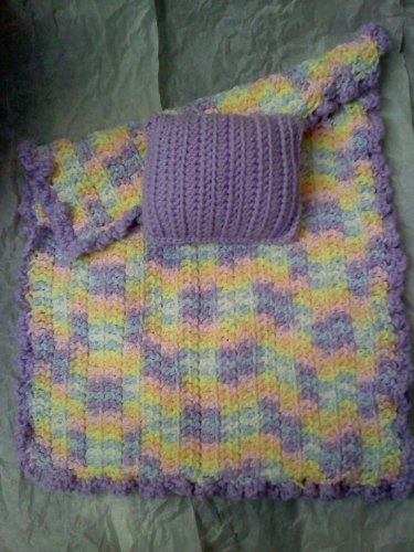 Hand crocheted Doll blanket in pastel purples multi with lavender pillow