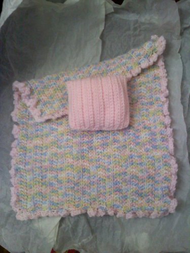 Hand crocheted Doll blanket in pastel pink multi with pink pillow