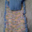 Hand crocheted Doll blanket in pastel blue multi with blue pillow