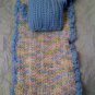 Hand crocheted Doll blanket in pastel blue multi with blue pillow