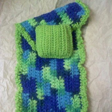 Hand crocheted Doll blanket in pastel green multi blues with green pillow