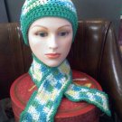 Hand crocheted hat and scarf teal/green/yellow/white in a size small