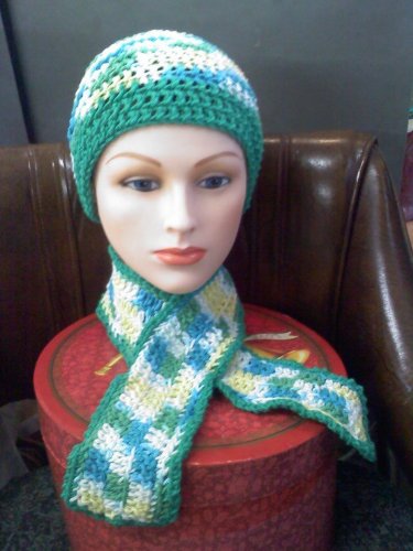 Hand crocheted hat and scarf teal/green/yellow/white in a size small
