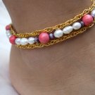 Pearl, stone and gold chain anklet