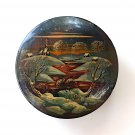 Authentic Vintage Russian Trinket Box Painted Lacquer Round Signed