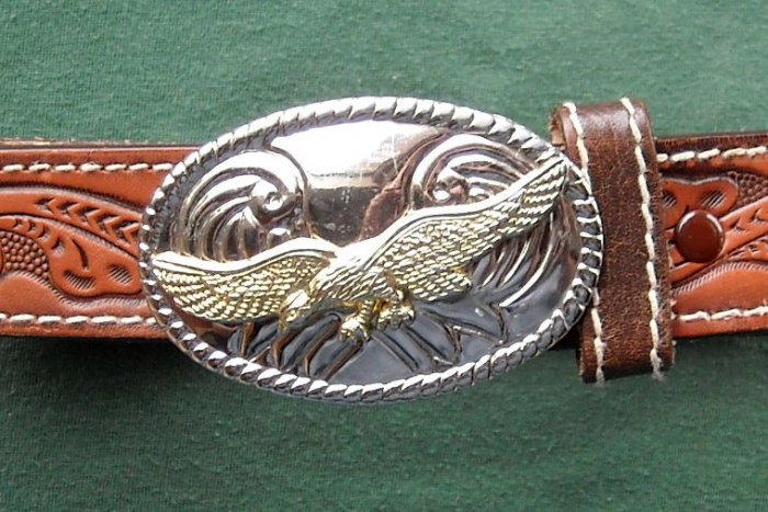 Vintage Women's 30" Leather Belt Silver Gold Finish Buckle