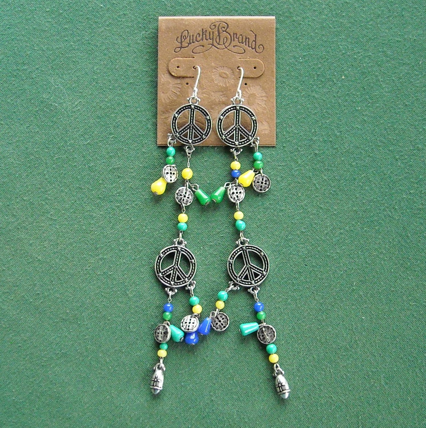 Lucky Brand Silver Tone Beaded Love Peace Earrings NWT