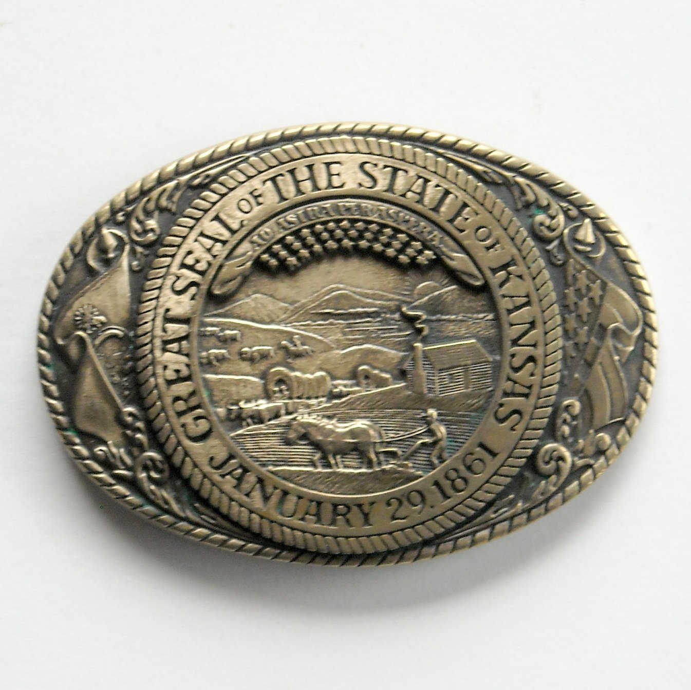 Tony Lama Great Seal Of The State Of Kansas Brass Belt Buckle