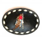 Pole Bending Embroidered Tony Lama Black Leather Belt Buckle