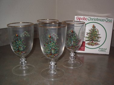 Spode CHRISTMAS TREE Pedestal Goblets -Set of 4 with Original Box