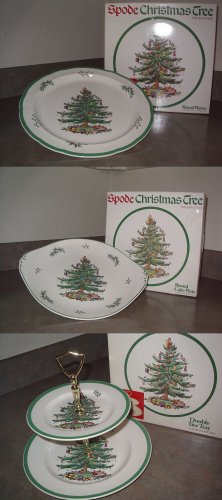Spode Christmas Tree Round Platter, Cake Plate,& Double Tier Tray England boxes