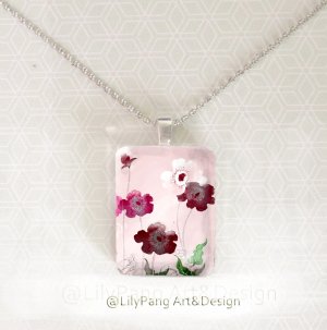 Poppies Pink Elegant Rectangle Glass Pendant
