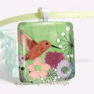 Humming Bird Square Glass Pendant