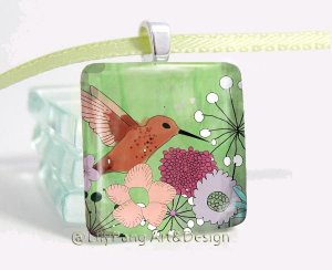 Humming Bird Square Glass Pendant