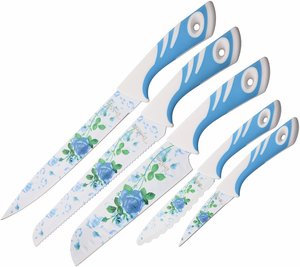 BenchMark Blue Rose Pattern Kitchen Knife 5 Pc Set