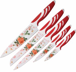 BenchMark Red Rose Pattern Kitchen Knife 5 Pc Set