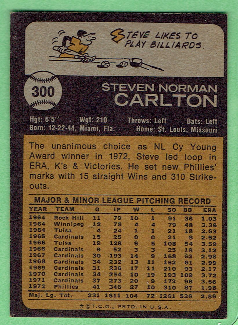 1973 Topps Baseball Card #300 Steve Carlton 