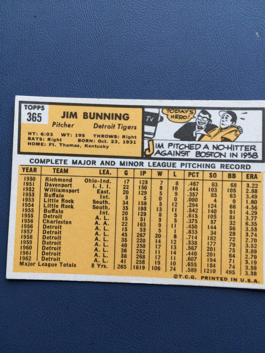 1963 Topps Baseball Card #365 Jim Bunning 