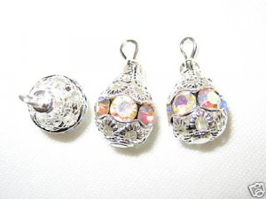 12 Swarovski Rhinestone Pendants 10mm Silver/Crystal AB