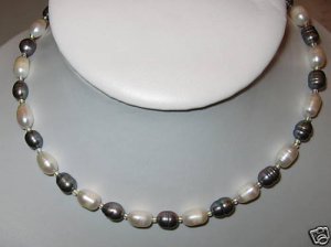 Two Strands 16'' 7x11mm Genuine Black White Pearls (P8)