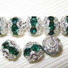 12 10mm Swarovski Rhinestone Bead Silver/Emerald RH1007
