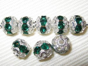 12 10mm Swarovski Rhinestone Bead Silver/Emerald RH1007