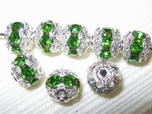 12 10mm Swarovski Rhinestone Bead Silver/Peridot RH1015