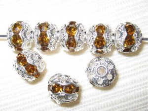 12 10mm Swarovski Rhinestone Beads Silver/Topaz  RH1021