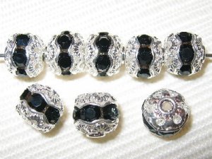 12 8mm Swarovski Rhinestone Bead Silver/Jet Black RH809