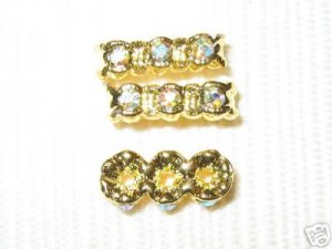 20 Swarovski Spacers 13mm Gold/Crystal AB 3 Holes HE64