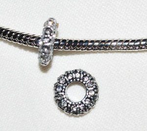 6 11mm Rhinestone Silver Beads Fit Charm Bracelet - D17