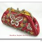 Red Satin Beaded Butterfly Handbag or Shoulder Carry