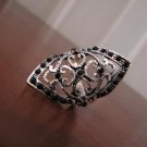 Large Detailed Ring w/ Black Diamantes, size 8.