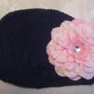 Black Kufi hat with pink flower