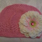 Pink Kufi hat with ivory flower