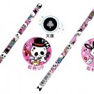 Kawaii Skulls Pencil + Cap + Eraser Set (Dark Pink)