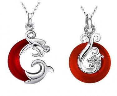 925 Sterling Silver Red Agate Dragon & Phoenix Pendant Set