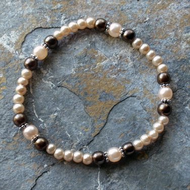 [001] Elastic Brown and Smokey 7" Glass Pearl Bracelet