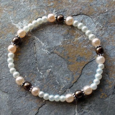 [002] Elastic Brown and Pink 7" Glass Pearl Bracelet