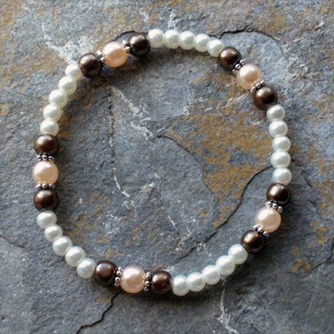[003] Elastic Brown and Pink 7" Glass Pearl Bracelet