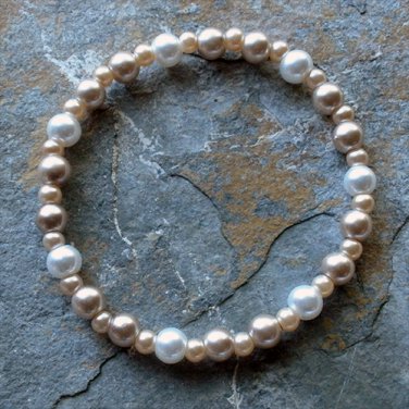 [007] Elastic Coffee and White 7" Glass Pearl Bracelet