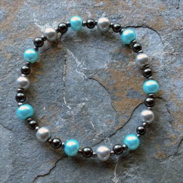 [010] Elastic Blue and Grey 6.5" Glass Pearl Bracelet