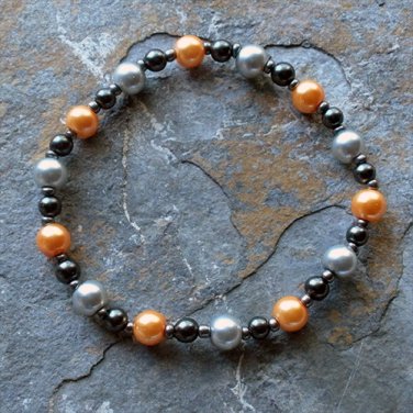 [011] Elastic Orange and Grey 6.5" Glass Pearl Bracelet
