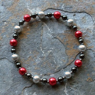 [012] Elastic Red and Grey 6.5" Glass Pearl Bracelet