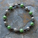[015] Elastic Green and Grey 6.5" Glass Pearl Bracelet