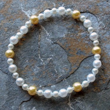 [023] Elastic White and Yellow 7.25" Glass Pearl Bracelet